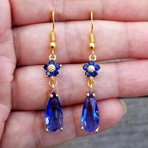 14k Gold Floral Sapphire Dangle Earrings, Sapphire Teardrop Earrings